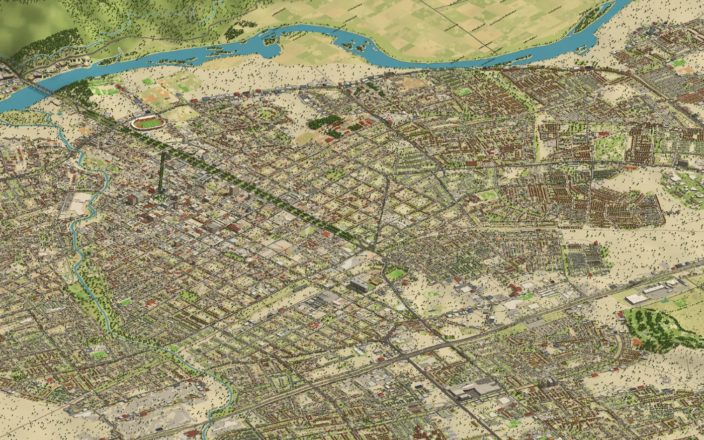 Vista amplia de Talca en la maqueta: el centro y la Alameda a la izquierda, barrios residenciales hacia la derecha y un río ancho arriba