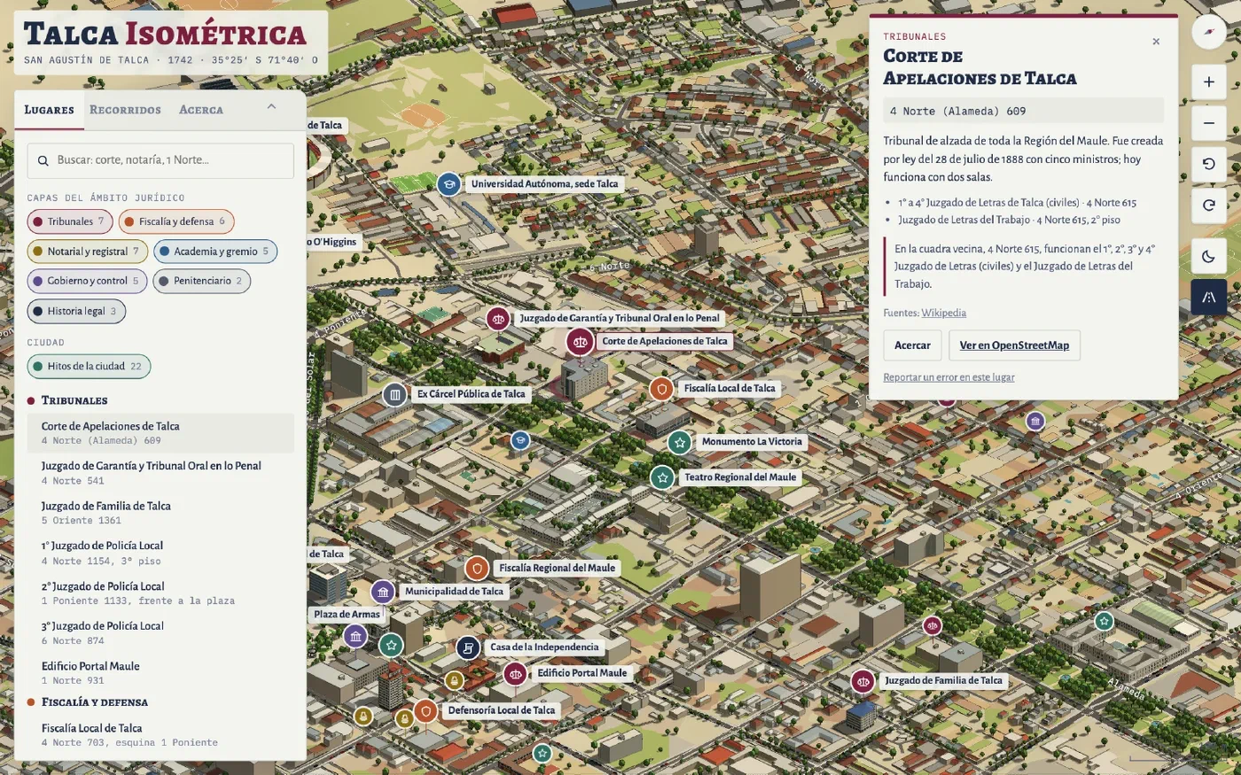 La maqueta con la ficha de la Corte de Apelaciones de Talca abierta a la derecha y la lista de tribunales a la izquierda