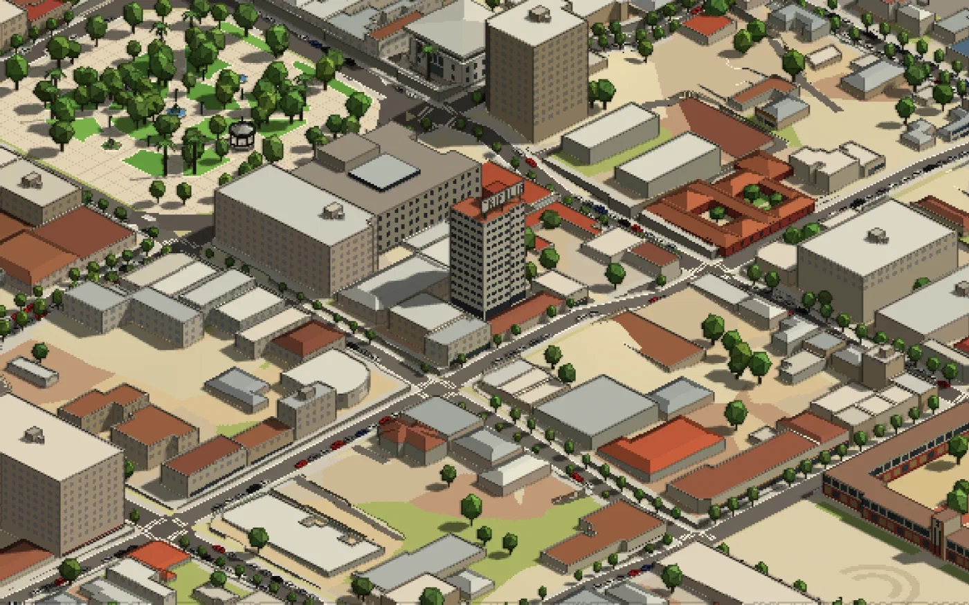 La Torre Talca en pixel art, con un letrero de Trifolia en el techo, junto a la Plaza de Armas