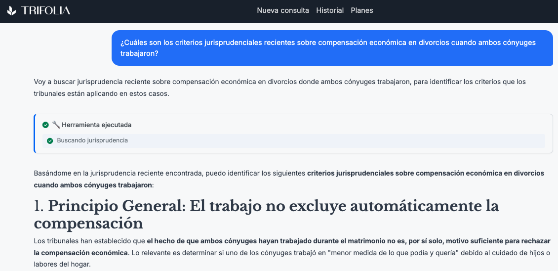 Captura de pantalla de una conversación real en Trifolia sobre compensación económica en divorcios